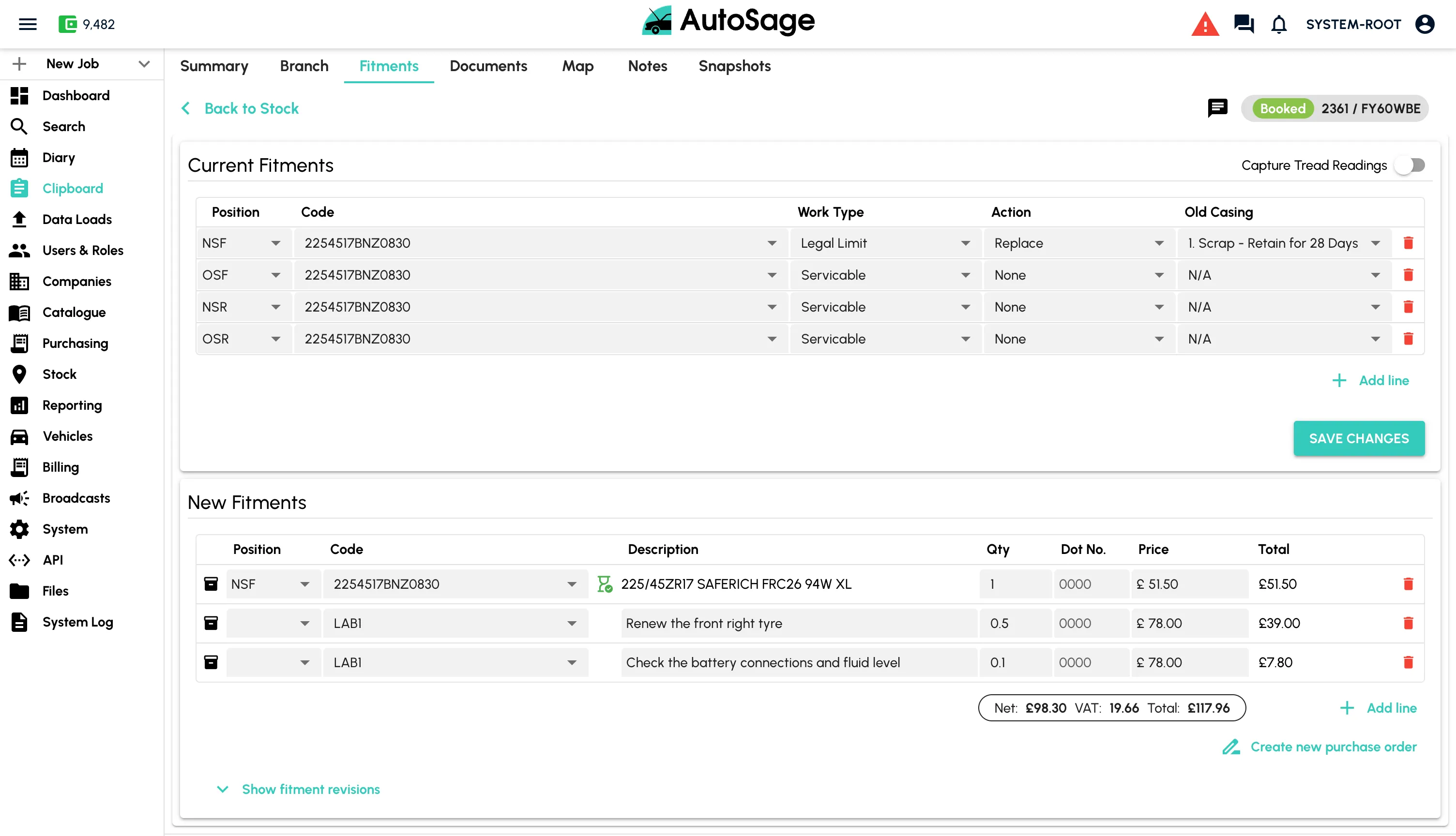 Garage stock control software managing inventory, parts ordering and purchasing