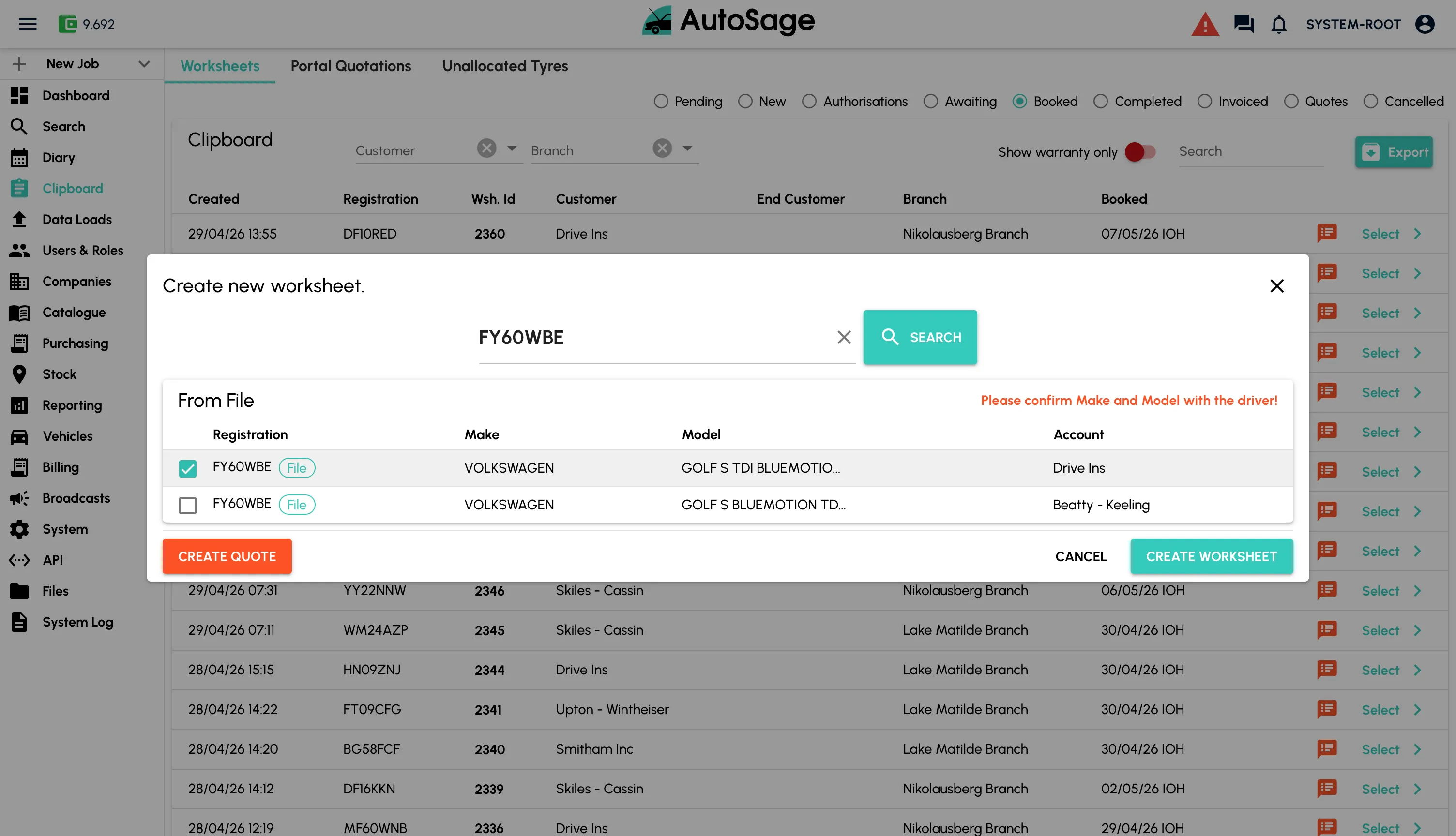 Creating a booking in AutoSage
