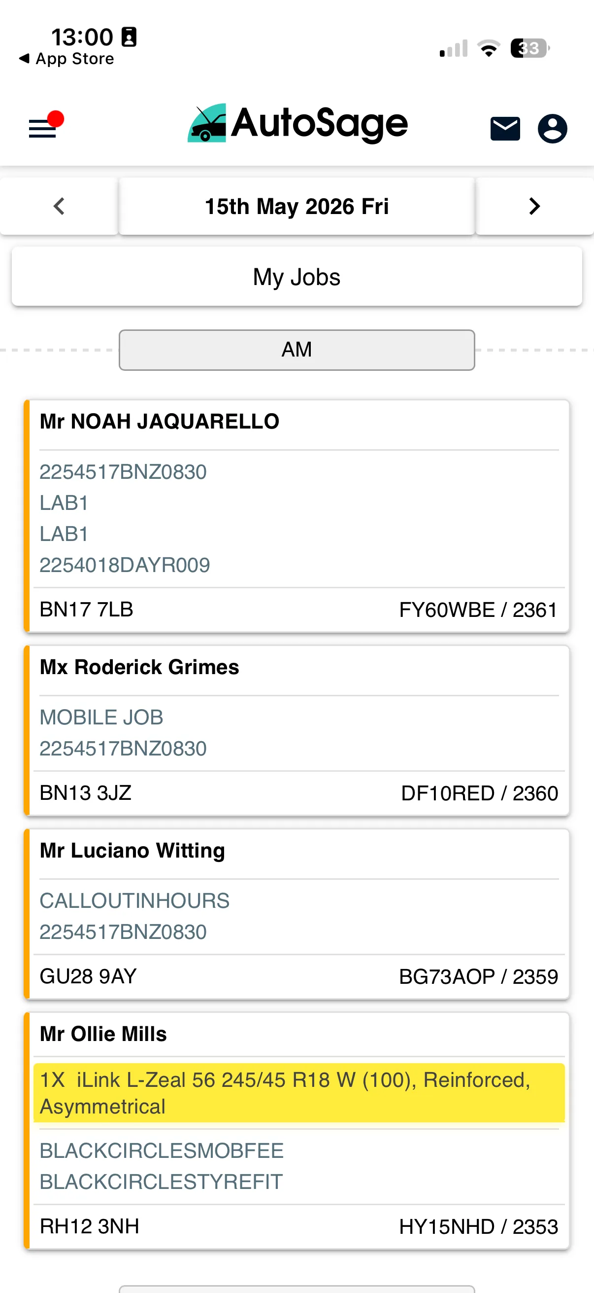 Technician mobile app job list